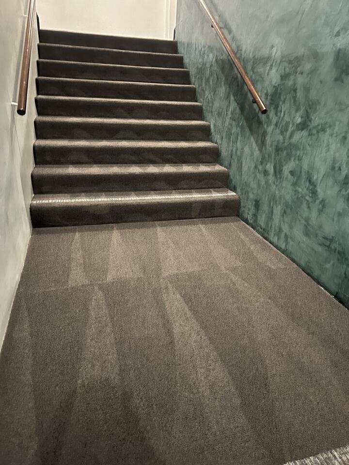 Carpeted stairs and landing with cleaning passes visible